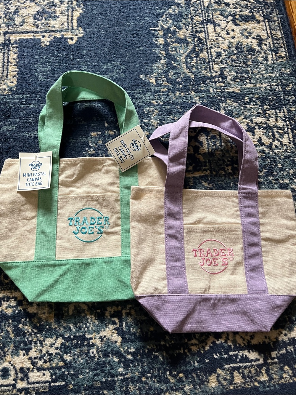 Selling 2 Trader Joe’s Purple and Light Green Tote Bag spring edt NWT Bundle